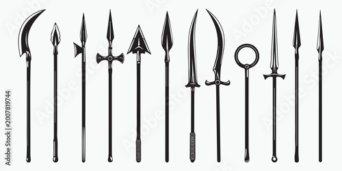 Medieval polearm weapon set, ancient spear silhouettes, halberd and glave icons, fantasy warrior equipment, historical battle tools, black and white cad drawing flat vector illustration.