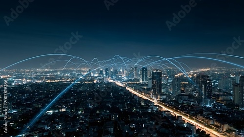 Smart city landscape creating a global network and transmitting big data between buildings, symbolizing modern communication, urban technology, and interconnected infrastructure at night