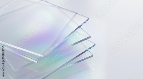 Stack of Iridescent Frosted Glass Panels with Chromatic Aberration and Copy Space. An abstract 3D illustration featuring a stack of multi-layered frosted glass panels with varying transparency. 