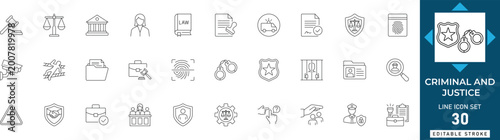 Bild auf Leinwand Criminal and justice line icon set featuring law enforcement, court, legal system, police, investigation, punishment, and security