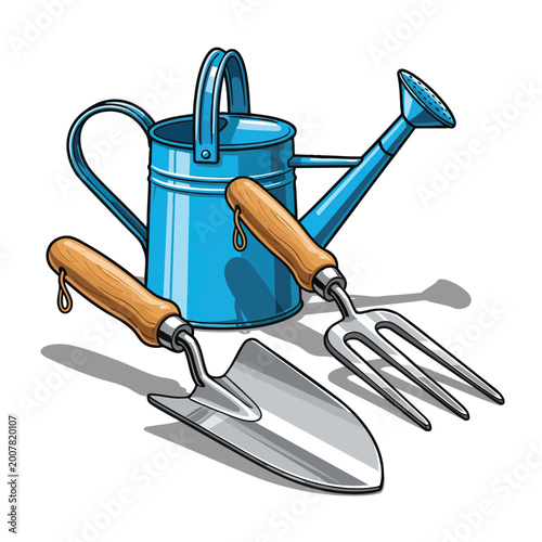 Gardening tools set with watering can, trowel, and hand fork.