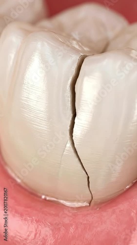 Cracked Molar Tooth With Deep Fracture Extending Into Gum. Suitable For Dentistry Education, Dental Care, Health Awareness, Medical Presentations, And Oral Hygiene.