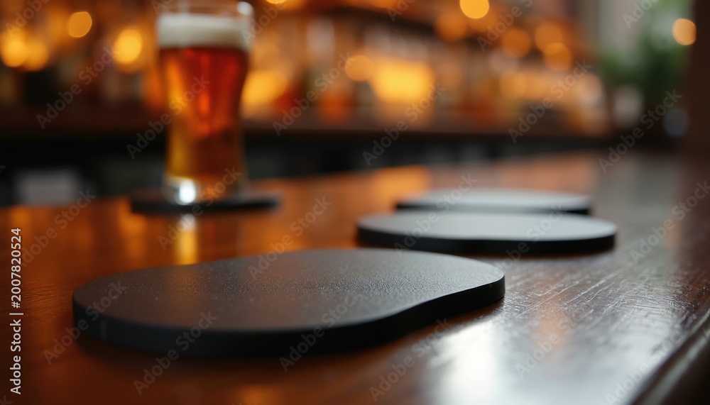 Fototapeta premium Beer glass sits on bar counter with multiple coasters ready. Dim lighting in pub creates warm ambiance. Tabletop surface shows wood grain texture.