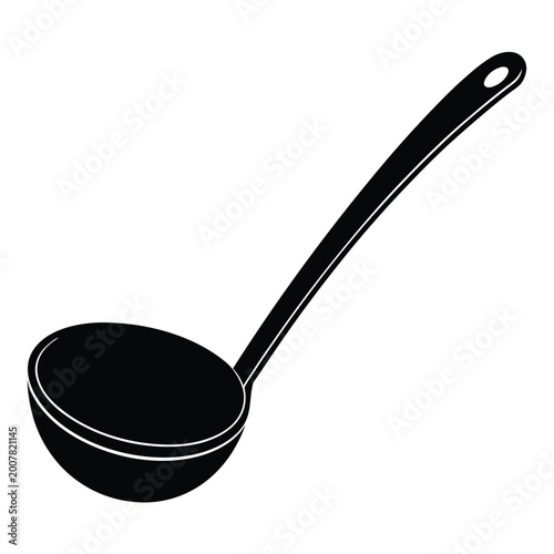 Black ladle spoon for cooking resting on flat surface isolated on white background