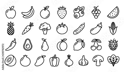 Fruits vegetables and berries outline icon set with fresh food linear symbols editable stroke vector