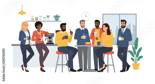 A diverse team of office employees enjoys a social break in a communal kitchen area featuring a coffee machine and a wall clock on a light background.