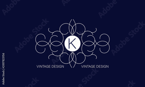 Luxury vector logo or icon design with letter K in the center and space for text. Illustration of a trendy frame, good for fashion boutique, company brand, label.