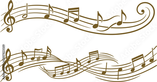 Foto Elegant Gold Music Staff Vector Illustration with Flowing Musical Notes and Treb