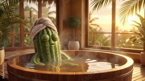 Humorous cactus character relaxing in a hot tub with towel in tropical spa setting. Fun wellness and self care concept with warm relaxing atmosphere.