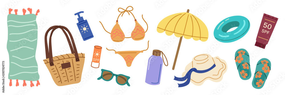 Obraz premium Collection of summer beach accessories and clothing with flip flops inflatable ring summer fashion accessories vacation swimsuit umbrella sunglasses sunscreen collection illustration