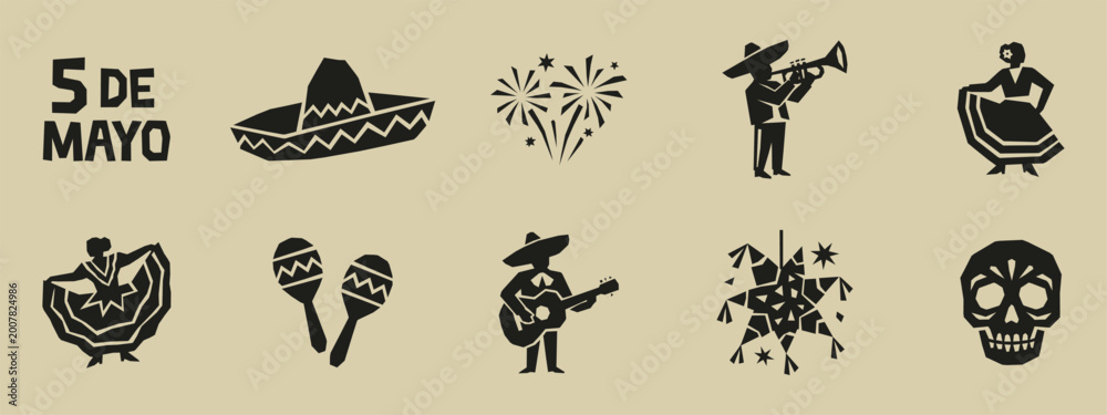 Fototapeta premium Cinco de Mayo Mexican festival icon set with mariachi musicians dancers and piñata silhouettes
