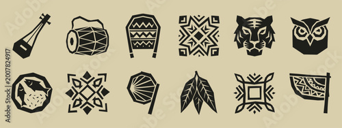 Set of black geometric folk art icons with tiger owl musical instruments and tribal patterns
