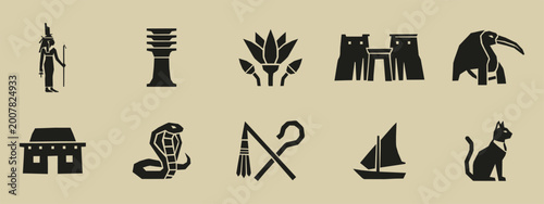 Fotografía Black silhouettes of ancient Egyptian icons including cat cobra lotus and temple