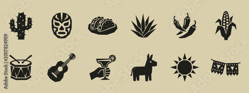 Mexican culture icon set with cactus luchador mask taco agave chili and guitar silhouettes