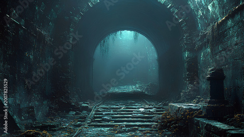 Architecture, stone walls, exploration of an abandoned underground tunnel with old tracks surrounded by moss, in dim light at dusk.