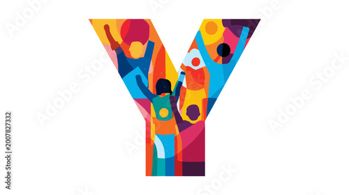 Colorful illustration of the letter y filled with upbeat figures