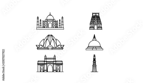 Tableau sur toile Famous India Landmarks Icon Set - Vector Line Art Illustration of Taj Mahal, Lot