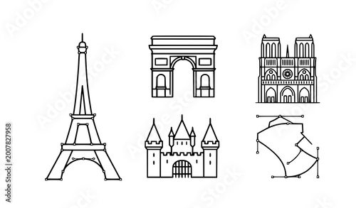 Photography Paris France Landmark Icon Set - Vector Line Art Illustration of Eiffel Tower, A