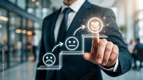 Customer Satisfaction Journey: A sharp-dressed individual elegantly gestures towards a graphic depicting the customer experience journey.