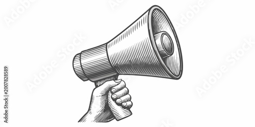 Fotografi Hand holding a bullhorn loudspeaker vintage style engraving