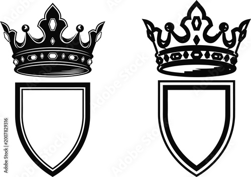 Royal heraldry two vintage crests featuring crowns above shields in black and white