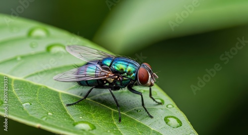 A macro shot of a metallic green blowfly on a leaf