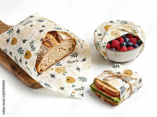 Reusable Beeswax Food Wraps with Honeycomb Pattern Covering Bread Berries and Sandwich.