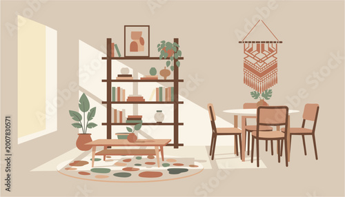 Tableau sur toile Cozy modern dining room with wooden table, shelves, and hanging decor