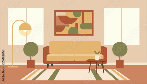 Photos Cozy living room with sofa, small table, and two people relaxing indoors