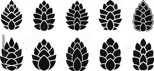 Foto Hop cone silhouettes collection brewing ingredient icons isolated on white