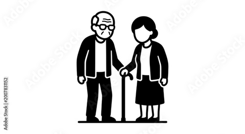Canvastavla A touching black and white vector image of an elderly couple walking together with a cane representing companionship aging and long term family support