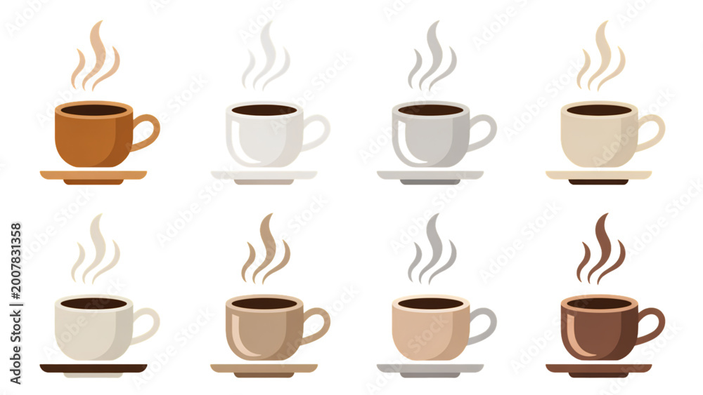 Obraz premium Set of six coffee cups with different drinks and pastries on a table Vector