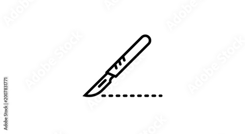 A professional surgical scalpel vector image with a dotted line indicating a precise incision for medical surgery operating room and clinical procedure guides.