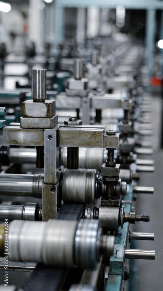 Naklejka premium Industrial metal rolling machine with multiple rollers in a factory setting, close-up