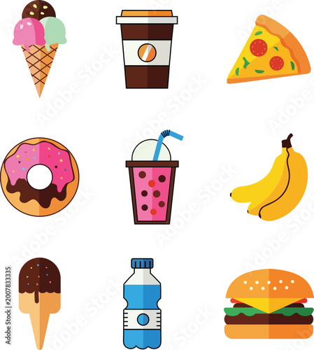 Colorful minimal flat vector food and drink icon set
