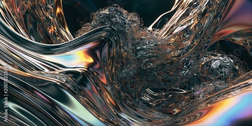 Futuristic Liquid Chrome Waves with Neon Reflections – Abstract Metallic Fluid Background.