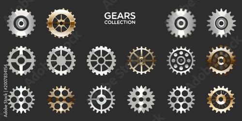 Collection of twelve mechanical gears silver and gold vector illustration