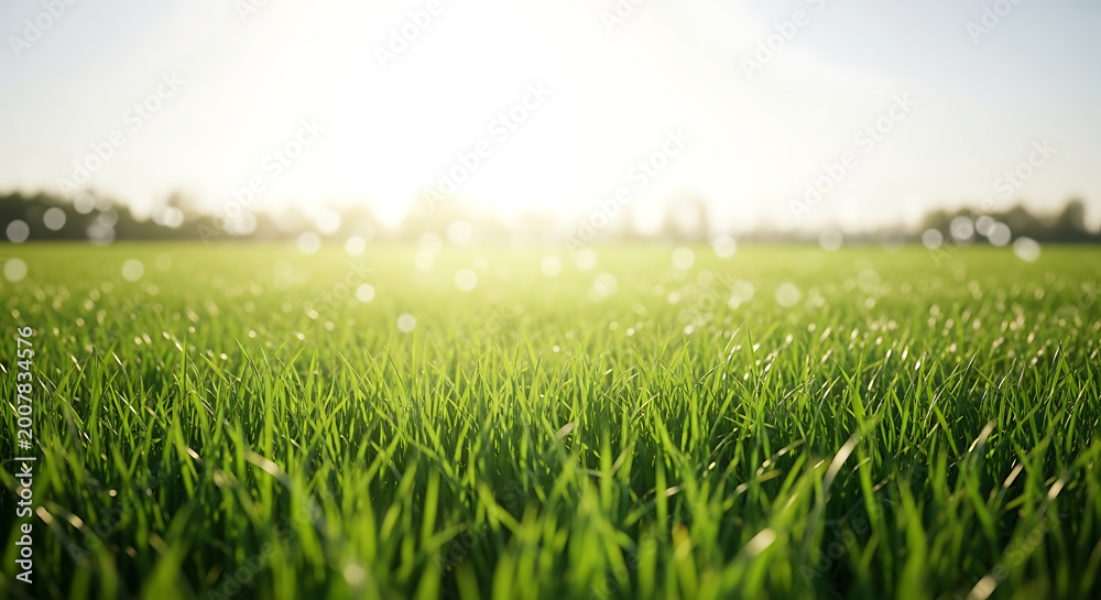 Obraz premium Vibrant green grass field at sunrise with beautiful bokeh lights and warm golden sunlight