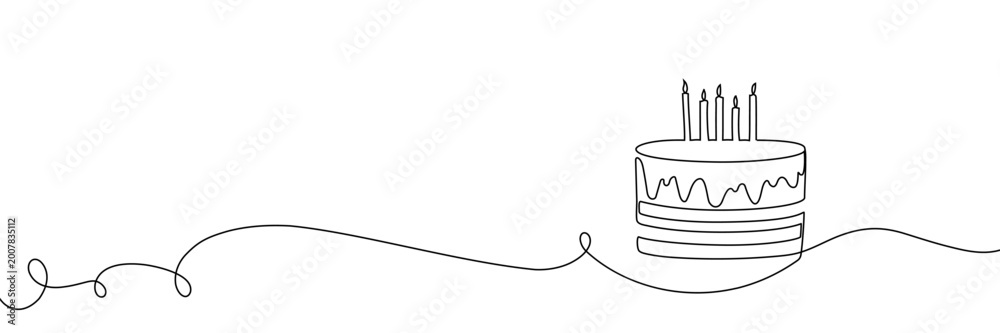 Obraz premium Continuous one line birthday cake drawing happy art outline cream. Happy birthday cake hand vector background simple sketch cheesecake pie red candle dessert illustration style white food doodle tart