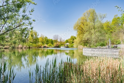 Photos Idyllic spring landscape in Engelhaldepark Kempten with a lake, green trees, duc