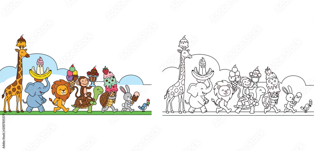Fototapeta premium Cute Animals Carrying Desserts in a Parade - Whimsical Food and Wildlife Illustration
