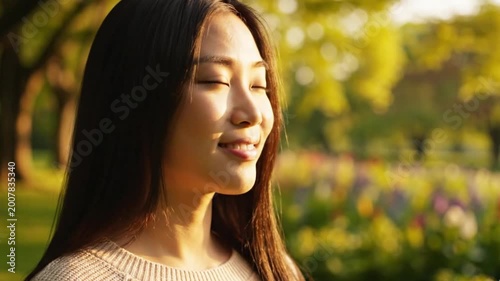 Smiling Young Asian Woman in Sunny Park, Enjoying Nature and Fresh Air