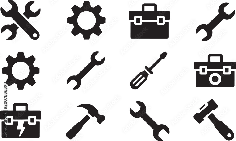 Fototapeta premium A collection of twelve black and white representing tools and equipment wrench spanner
