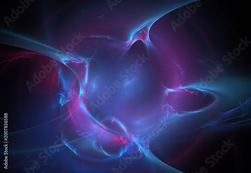 Slika na platnu Vibrant digital fractal art featuring glowing blue, cyan, and golden light trails swirling around a central dark void