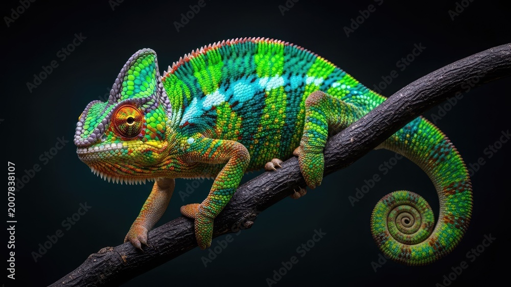 Fototapeta premium vibrant green chameleon on branch close-up in dark studio lighting