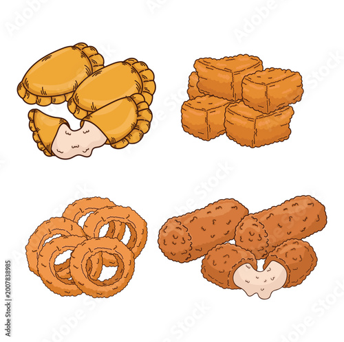 Illustration of fried food, street food, roll stick, onion ring, nugget, pastel, fried food icon
