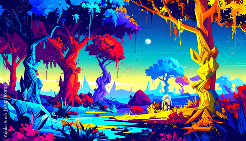 Vibrant futuristic landscape with geometric trees