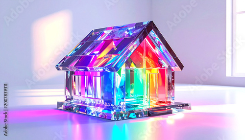 A stunning crystal house illuminated with vibrant rainbow lights