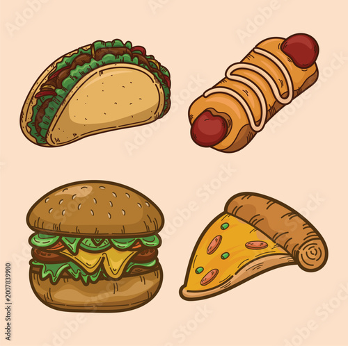 Junk food icon fast food illustration spicy salty meat burger pizza taco sausage roll
