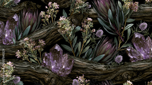 Beautiful floral bouquet with abstract surreal flowers on a dark background